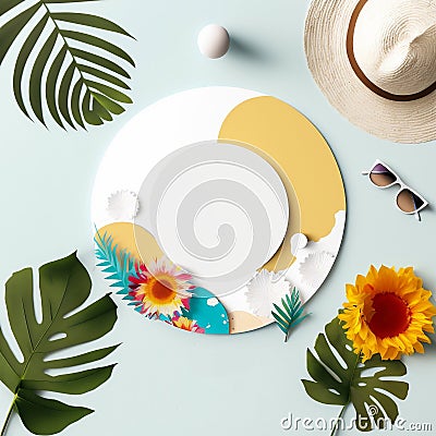 Empty white mocup, frame circle for text with summer decor.Generated AI Stock Photo