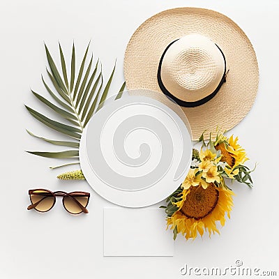 Empty white mocup, frame circle for text with summer decor.Generated AI Stock Photo