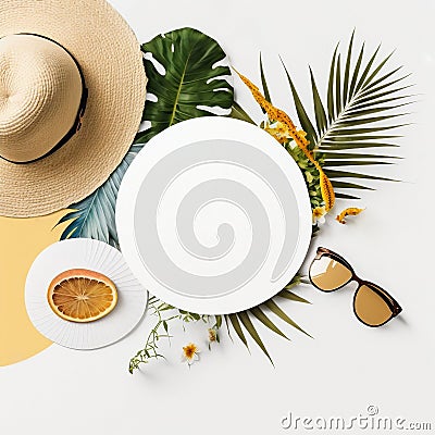 Empty white mocup, frame circle for text with summer decor.Generated AI Stock Photo