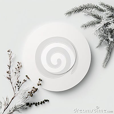 Empty white mocup, frame circle for text with winter decor. Generated AI Stock Photo