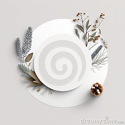 Empty white mocup, frame circle for text with winter decor. Generated AI Stock Photo