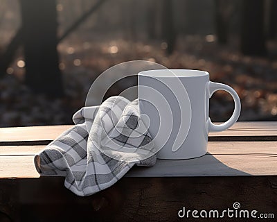Empty white mug on top of wooden table with dish towel Cartoon Illustration
