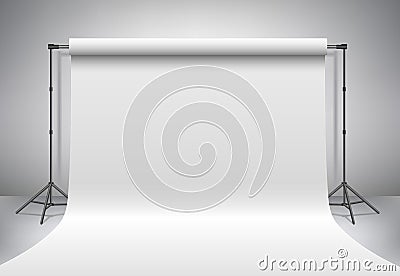 Empty white photo studio. Realistic 3D template mock up. Vector. Cartoon Illustration