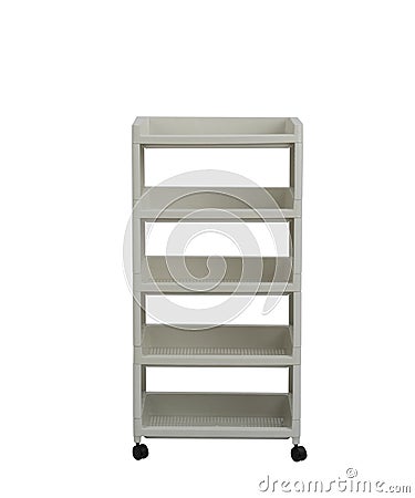 Empty white plastic shelves rack with wheels isolated on white Stock Photo