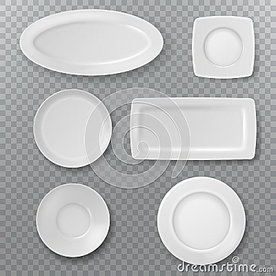 Empty white plate. Food plates top view topping dish bowl from above kitchen ceramic elements cooking porcelain isolated Vector Illustration