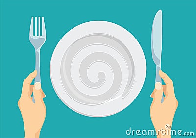 Empty white plate. Fork and knife in hand. Cartoon Illustration