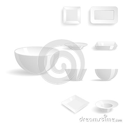 Empty white plates set isolated vector illustration templates dinner design blank clean tableware Vector Illustration