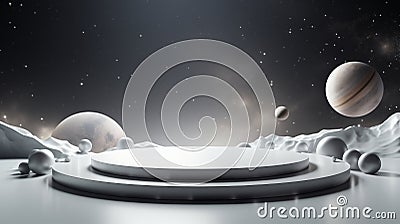 Generative AI Illustration An empty white podium against the backdrop of dark outer space. for product display Stock Photo