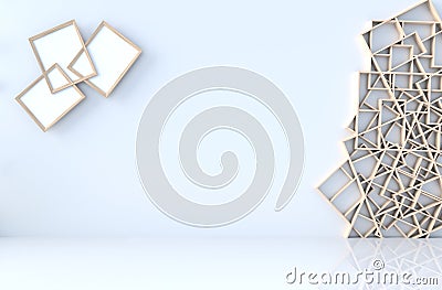 Empty white room decor with wood shelves wall, tile floor, branch. 3D render. Stock Photo