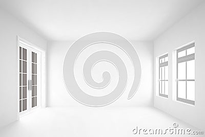 empty white room with door&windows interior background Stock Photo