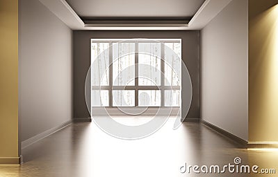 Empty white room with interior decoration. In the room there is artificial light outside the window winter wood. Cartoon Illustration