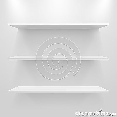 Empty white shelves on light grey background Vector Illustration