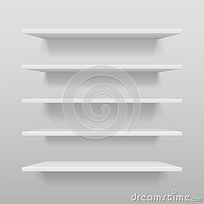 Empty white shop or exhibition shelf, retail white shelves mockup. Realistic vector bookshelf with shadow on wall, 3d Vector Illustration