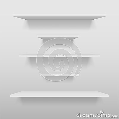 Empty white shop or exhibition shelf, retail white shelves mockup. Realistic vector bookshelf with shadow on wall, 3d Vector Illustration