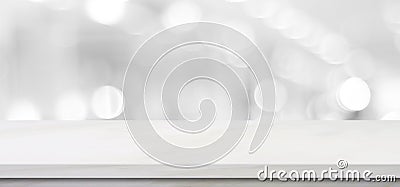 Empty white table top, counter, desk background over blur perspective bokeh light background, White marble stone table, shelf and Stock Photo