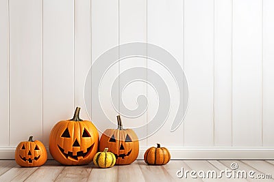 An empty white wall for Halloween mockup. Jack o lantern pumpkins decor Stock Photo