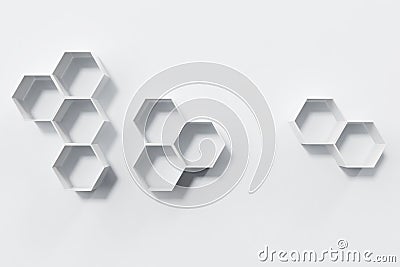 Empty white wall with hexagon shelves on the wall, 3D rendering Stock Photo