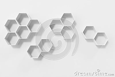 Empty white wall with hexagon shelves on the wall, 3D rendering Stock Photo