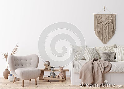 Empty white wall in modern child room. Mock up interior in scandinavian, boho style. Free, copy space for your picture Stock Photo