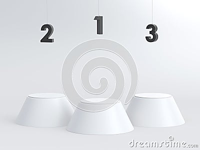 Empty white winners podium with hanging number. 3D rendering. Stock Photo