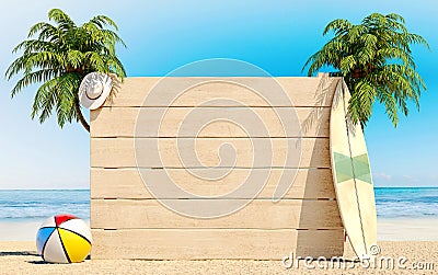 Empty white wooden board on the beach, summer time, travel, destination, background Stock Photo