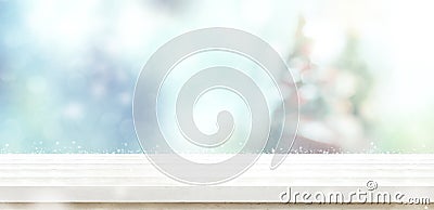 Empty white wooden table top with abstract muted blur christmas Stock Photo