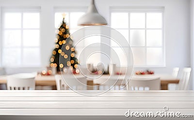 Empty white wooden table top with defocused modern dinning room and Christmas tree in the background for design Stock Photo