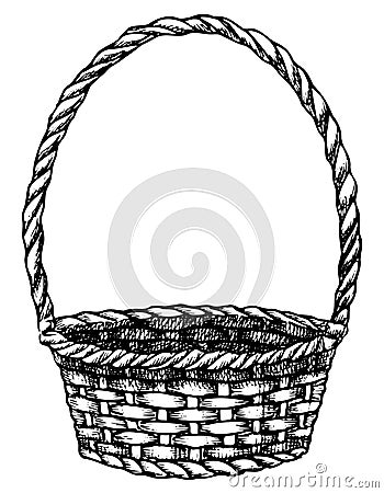 Empty wicker picnic Basket. Hand drawn vector illustration of handmade wooden osier container painted for by black inks Vector Illustration