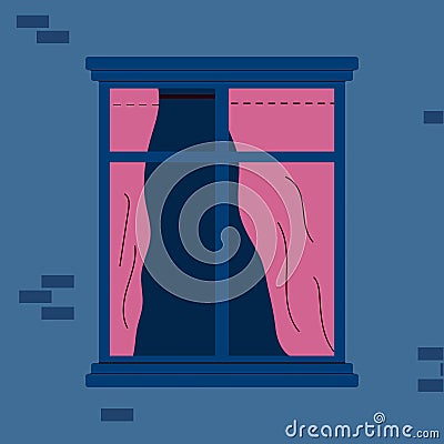 Empty window frame with half open pink curtains with nobody inside Vector Illustration