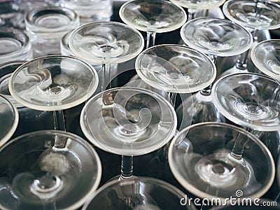 Empty wine glass bottom in rows Party Abstract background Stock Photo