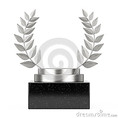 Empty Winner Award Cube Silver Laurel Wreath Podium, Stage or Pedestal with Free Space for Your Design. 3d Rendering Stock Photo