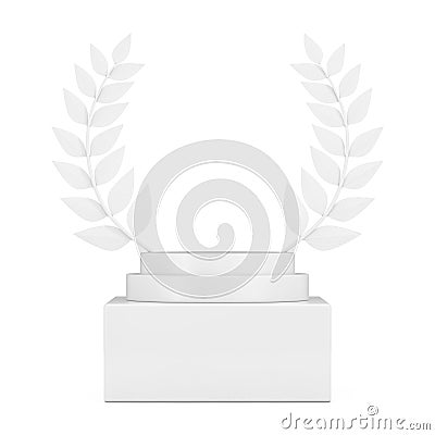 Empty Winner Award Cube White Laurel Wreath Podium, Stage or Pedestal with Free Space for Your Design In Clay Style. 3d Rendering Stock Photo