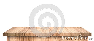 Empty Wood table with abstract pattern isolated on pure white background. Wooden desk and shelf display board with perspective Stock Photo