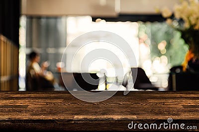 Empty wood table with Blurred background made with Vintage Tones, Coffee shop blur background with bokeh. Stock Photo