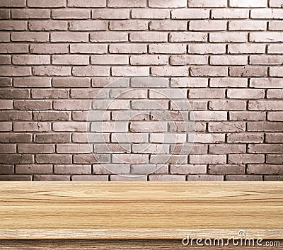 Empty wood table and red brick wall in background. product display template. Stock Photo