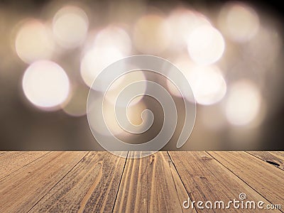 Empty wood surface with backdrop blurred bokeh lights background, product display Stock Photo