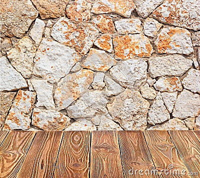 Empty of wood table top on ancient stonework background Stock Photo