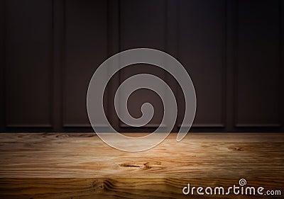 Empty wood table top counter on dark yellow wall background.For create product display or design key visual Stock Photo
