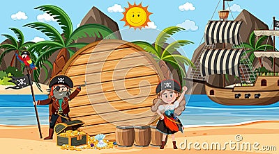 Empty wooden banner template with pirates at the beach daytime scene Vector Illustration