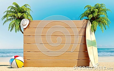 Empty wooden board on the beach, summer time, travel, destination, background Stock Photo