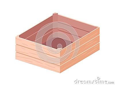 Empty wooden box for storage and transportation. Open wood crate for grocery products. Plywood case from planks. Colored Vector Illustration