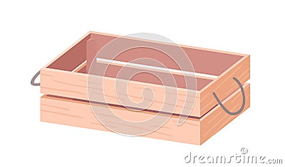 Empty wooden box with twine handles. Wood crate from plywood for farms, gardens and markets. Open rectangular container Vector Illustration