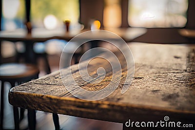 Empty Wooden Cafe Table with Blurred Background for Product Display. Selective Focus. Copy space. Generative AI Stock Photo