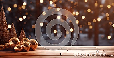 empty wooden city street table with christmas decoration Stock Photo