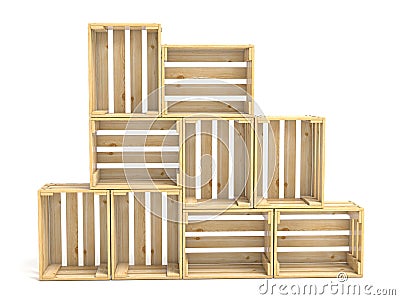 Empty wooden crates arranged 3D Cartoon Illustration