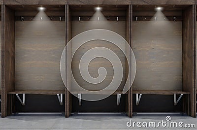 Empty wooden cubicles with bench and hangers 2 Stock Photo