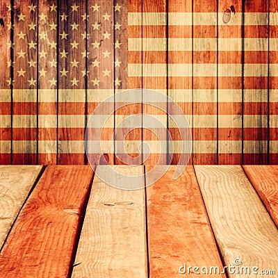 Empty wooden deck table over USA flag background. Independence day, 4th of July background Stock Photo