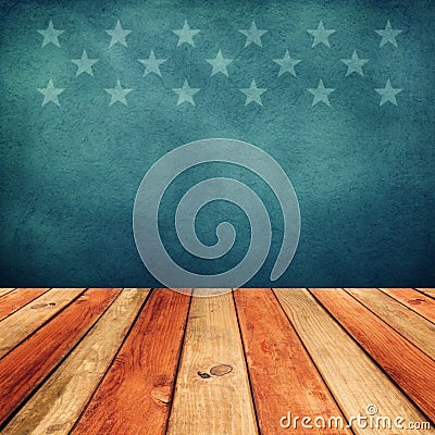 Empty wooden deck table over USA flag background. Independence day, 4th of July background. Stock Photo