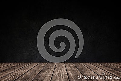 Empty wooden floor with dark concrete wall background, For product display. Stock Photo