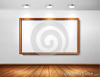 Empty wooden frame on a wall with spotlights Vector Illustration